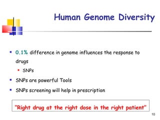 Human Genome Diversity
 0.1% difference in genome influences the response to
drugs
 SNPs
 SNPs are powerful Tools
 SNPs screening will help in prescription
10
“Right drug at the right dose in the right patient”
 