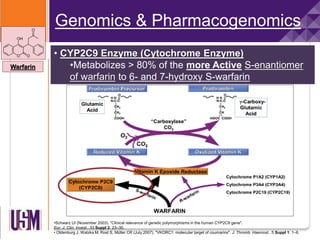 •Schwarz UI (November 2003). "Clinical relevance of genetic polymorphisms in the human CYP2C9 gene".
Eur. J. Clin. Invest.. 33 Suppl 2: 23–30.
• Oldenburg J, Watzka M, Rost S, Müller CR (July 2007). "VKORC1: molecular target of coumarins". J. Thromb. Haemost.. 5 Suppl 1: 1–6.
Genomics & Pharmacogenomics
• CYP2C9 Enzyme (Cytochrome Enzyme)
•Metabolizes > 80% of the more Active S-enantiomer
of warfarin to 6- and 7-hydroxy S-warfarin
Warfarin
 