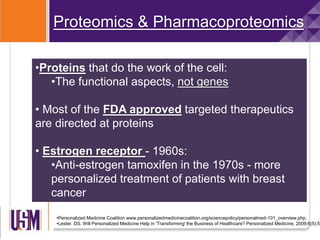 Proteomics & Pharmacoproteomics
•Proteins that do the work of the cell:
•The functional aspects, not genes
• Most of the FDA approved targeted therapeutics
are directed at proteins
• Estrogen receptor - 1960s:
•Anti-estrogen tamoxifen in the 1970s - more
personalized treatment of patients with breast
cancer
•Personalized Medicine Coalition www.personalizedmedicinecoalition.org/sciencepolicy/personalmed-101_overview.php.
•Lester. DS. Will Personalized Medicine Help in 'Transforming' the Business of Healthcare? Personalized Medicine. 2009;6(5):55
 