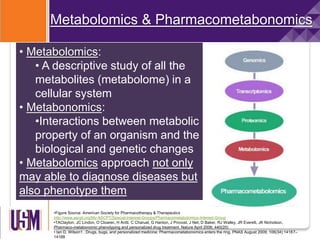 Metabolomics & Pharmacometabonomics
•Figure Source: American Society for Pharmacotherapy & Therapeutics
http://www.ascpt.org/My-ASCPT/Special-Interest-Groups/Pharmacometabolomics-Interest-Group
•TAClayton, JC Lindon, O Cloarec, H Antti, C Charuel, G Hanton, J Provost, J Net, D Baker, RJ Walley, JR Everett, JK Nicholson.
Pharmaco-metabonomic phenotyping and personalized drug treatment. Nature April 2006; 440(20)
• Ian D. Wilson1 . Drugs, bugs, and personalized medicine: Pharmacometabonomics enters the ring. PNAS August 2009; 106(34):14187–
14188
• Metabolomics:
• A descriptive study of all the
metabolites (metabolome) in a
cellular system
• Metabonomics:
•Interactions between metabolic
property of an organism and the
biological and genetic changes
• Metabolomics approach not only
may able to diagnose diseases but
also phenotype them
 