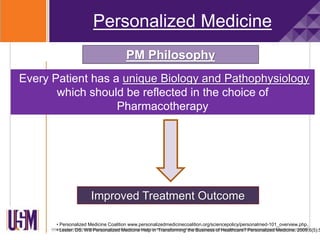 Personalized Medicine
PM Philosophy
Every Patient has a unique Biology and Pathophysiology
which should be reflected in the choice of
Pharmacotherapy
• Personalized Medicine Coalition www.personalizedmedicinecoalition.org/sciencepolicy/personalmed-101_overview.php.
• Lester. DS. Will Personalized Medicine Help in 'Transforming' the Business of Healthcare? Personalized Medicine. 2009;6(5):5
Improved Treatment Outcome
 