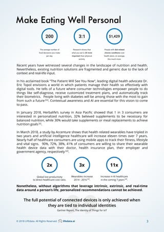 Recent years have witnessed several changes in the landscape of nutrition and health.
Nevertheless, existing nutrition solutions are fragmented and generic due to the lack of
context and real-life input.
In his acclaimed book “The Patient Will See You Now”, leading digital health advocate Dr.
Eric Topol envisions a world in which patients manage their health so eﬀectively with
digital tools. He tells of a future where consumer technologies empower people to do
things like self-diagnose, receive customized treatment plans, and automatically track
their biometrics. People living with diabetes will be among those with the most to gain
from such a future [ix]
. Contextual awareness and AI are essential for this vision to come
to pass.
In January 2018, Herbalife’s survey in Asia Paciﬁc showed that 1 in 3 consumers are
interested in personalized nutrition, 32% believed supplements to be necessary for
balanced nutrition, while 30% would take supplements or meal replacements to achieve
nutrition goals [x]
.
In March 2018, a study by Accenture shows that health related wearables have tripled in
two years and artiﬁcial intelligence healthcare will increase eleven times over 7 years.
Nearly half of healthcare consumers are using mobile apps to track their ﬁtness, lifestyle
and vital signs. 90%, 72%, 38%, 41% of consumers are willing to share their wearable
health device data with their doctor, health insurance plan, their employer and
government agency, respectively [xi]
.
Make Eating Well Personal
3x
Wearables increase
2014 - 2016 [xi]
.
2x
Global lost productivity
to direct healthcare cost ratio.
Increase in AI healthcare
in the coming 7 years [xi]
.
11x
3© 2018 LIFEdata. All Rights Reserved. lifedata.ai
The average number of
food decisions you make
per day.
Research shows that
what you eat is 3X more
important than physical
activity.
People with diet-related
chronic conditions cost
health plans, on average,
this much more.
The full potential of connected devices is only achieved when
they are tied to individual identities
Gartner Report, The Identity of Things for IoT
Nonetheless, without algorithms that leverage intrinsic, extrinsic, and real-time
data around a person’s life, personalized recommendations cannot be achieved.
 
