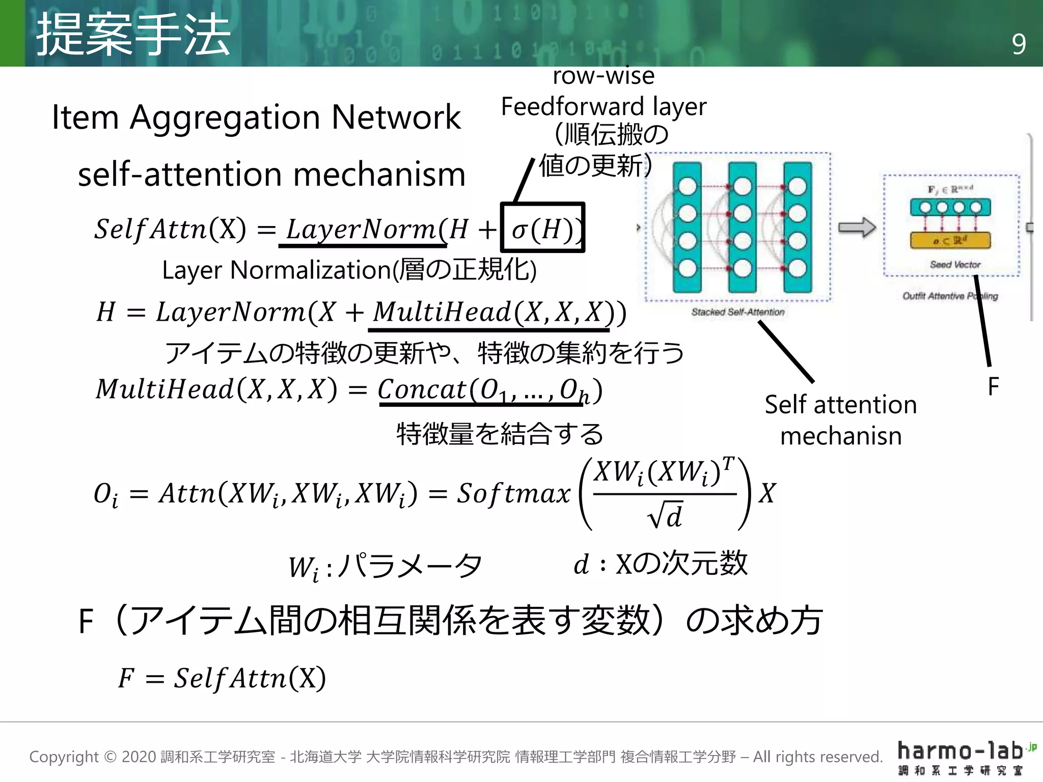 Copyright © 2020 調和系工学研究室 - 北海道大学 大学院情報科学研究院 情報理工学部門 複合情報工学分野 – All rights reserved.
提案手法 9
self-attention mechanism
𝑆𝑒𝑙𝑓𝐴𝑡𝑡𝑛 X = 𝐿𝑎𝑦𝑒𝑟𝑁𝑜𝑟𝑚(𝐻 + 𝜎(𝐻))
𝐻 = 𝐿𝑎𝑦𝑒𝑟𝑁𝑜𝑟𝑚(𝑋 + 𝑀𝑢𝑙𝑡𝑖𝐻𝑒𝑎𝑑(𝑋, 𝑋, 𝑋))
𝐹 = 𝑆𝑒𝑙𝑓𝐴𝑡𝑡𝑛 X
𝑀𝑢𝑙𝑡𝑖𝐻𝑒𝑎𝑑 𝑋, 𝑋, 𝑋 = 𝐶𝑜𝑛𝑐𝑎𝑡(𝑂1, … , 𝑂ℎ)
𝑂𝑖 = 𝐴𝑡𝑡𝑛 𝑋𝑊𝑖, 𝑋𝑊𝑖, 𝑋𝑊𝑖 = 𝑆𝑜𝑓𝑡𝑚𝑎𝑥
𝑋𝑊𝑖(𝑋𝑊𝑖)𝑇
𝑑
𝑋
𝑊𝑖 : パラメータ 𝑑 ∶ Xの次元数
Self attention
mechanisn
F
Item Aggregation Network
F（アイテム間の相互関係を表す変数）の求め方
Layer Normalization(層の正規化)
row-wise
Feedforward layer
（順伝搬の
値の更新）
アイテムの特徴の更新や、特徴の集約を行う
特徴量を結合する
 