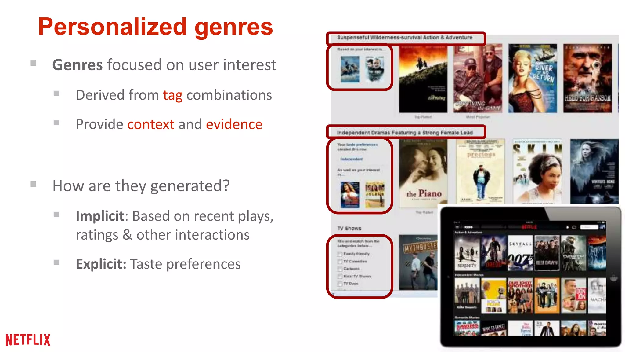 11 
Personalized genres 
 Genres focused on user interest 
 Derived from tag combinations 
 Provide context and evidence 
 How are they generated? 
 Implicit: Based on recent plays, 
ratings & other interactions 
 Explicit: Taste preferences 
 