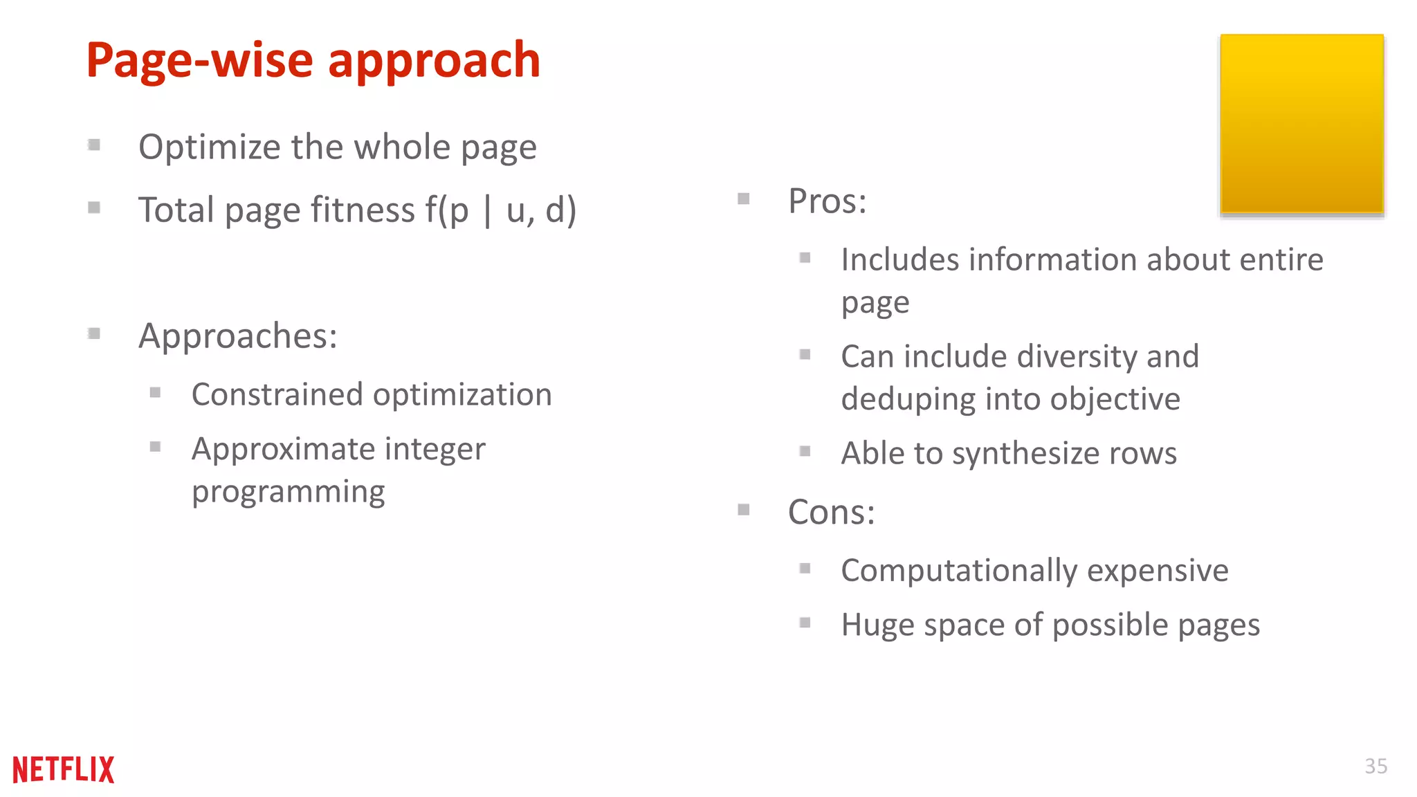 35 
Page-wise approach 
 Optimize the whole page 
 Total page fitness f(p | u, d) 
 Approaches: 
 Constrained optimization 
 Approximate integer 
programming 
 Pros: 
 Includes information about entire 
page 
 Can include diversity and 
deduping into objective 
 Able to synthesize rows 
 Cons: 
 Computationally expensive 
 Huge space of possible pages 
 
