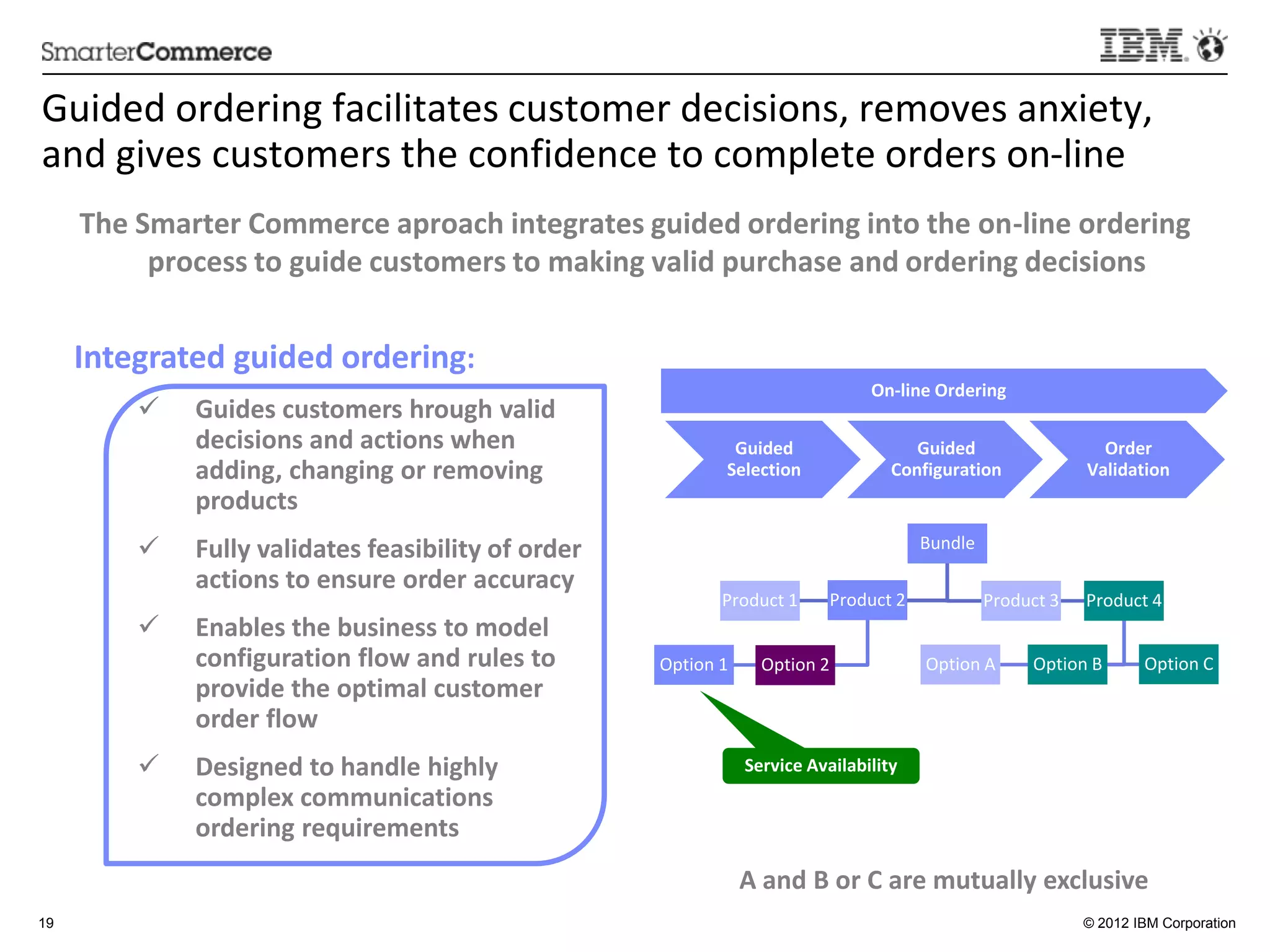 Guided	
  ordering	
  facilitates	
  customer	
  decisions,	
  removes	
  anxiety,	
  
and	
  gives	
  customers	
  the	
  conﬁdence	
  to	
  complete	
  orders	
  on-­‐line	
  
     The	
  Smarter	
  Commerce	
  aproach	
  integrates	
  guided	
  ordering	
  into	
  the	
  on-­‐line	
  ordering	
  
             process	
  to	
  guide	
  customers	
  to	
  making	
  valid	
  purchase	
  and	
  ordering	
  decisions
                                                                                                                    	
  


     Integrated	
  guided	
  ordering:	
  
                                                                                                                 On-­‐line	
  Ordering	
  
           ü    Guides	
  customers	
  hrough	
  valid	
  
                 decisions	
  and	
  ac:ons	
  when	
                                Guided	
                           Guided	
                              Order	
  
                 adding,	
  changing	
  or	
  removing	
                            Selec:on	
                       Conﬁgura:on	
                          Valida:on	
  
                 products	
  
           ü    Fully	
  validates	
  feasibility	
  of	
  order	
                                                         Bundle	
  
                 ac:ons	
  to	
  ensure	
  order	
  accuracy	
  
                                                                                   Product	
  1	
        Product	
  2	
                  Product	
  3	
     Product	
  4	
  
           ü    Enables	
  the	
  business	
  to	
  model	
  
                 conﬁgura:on	
  ﬂow	
  and	
  rules	
  to	
             Op5on	
  1	
        Op5on	
  2	
                    Op5on	
  A	
          Op5on	
  B	
         Op5on	
  C	
  
                 provide	
  the	
  op:mal	
  customer	
  
                 order	
  ﬂow	
  
           ü    Designed	
  to	
  handle	
  highly	
                                    Service	
  Availability	
  
                 complex	
  communica:ons	
  
                 ordering	
  requirements	
  
                                                                                         A	
  and	
  B	
  or	
  C	
  are	
  mutually	
  exclusive	
  
19                	
                                                                                                                                        © 2012 IBM Corporation
 