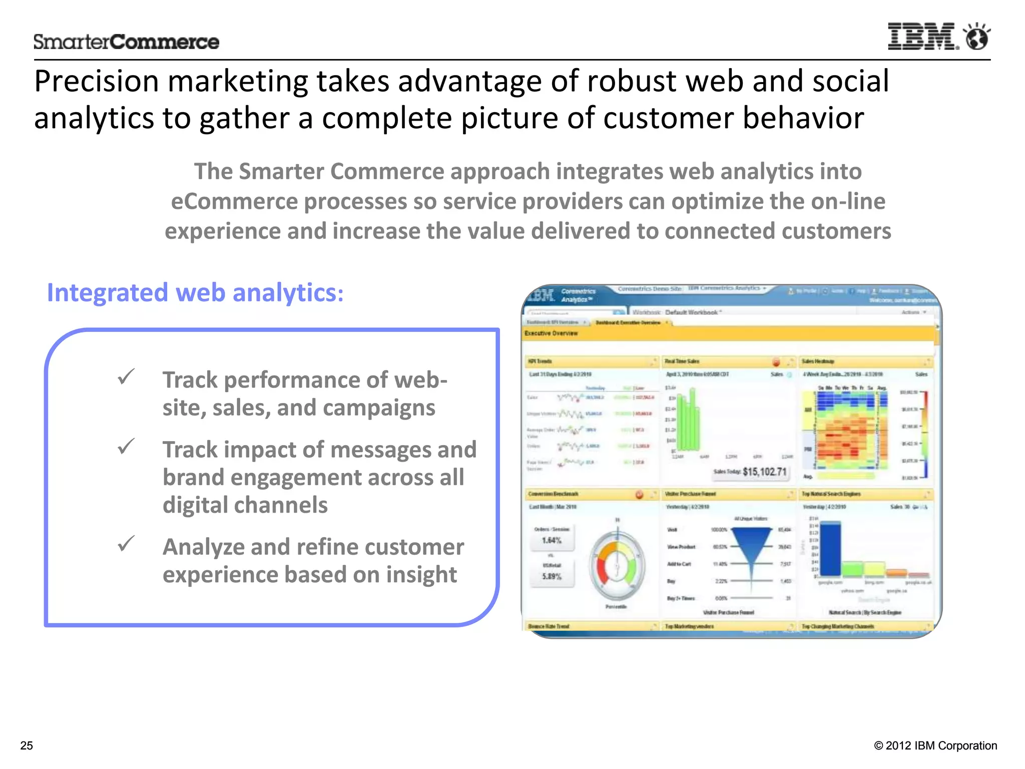 Precision	
  marke5ng	
  takes	
  advantage	
  of	
  robust	
  web	
  and	
  social	
  
     analy5cs	
  to	
  gather	
  a	
  complete	
  picture	
  of	
  customer	
  behavior	
  
                                  The	
  Smarter	
  Commerce	
  approach	
  integrates	
  web	
  analy:cs	
  into	
  
                                eCommerce	
  processes	
  so	
  service	
  providers	
  can	
  op:mize	
  the	
  on-­‐line	
  
                                experience	
  and	
  increase	
  the	
  value	
  delivered	
  to	
  connected	
  customers	
  

      Integrated	
  web	
  analy:cs:	
  
                         	
  

                  ü  Track	
  performance	
  of	
  web-­‐
           	
         site,	
  sales,	
  and	
  campaigns	
  
                  ü  Track	
  impact	
  of	
  messages	
  and	
  
                      brand	
  engagement	
  across	
  all	
  
                      digital	
  channels	
  
                  ü  Analyze	
  and	
  reﬁne	
  customer	
  
                      experience	
  based	
  on	
  insight	
  
                                	
  


                  	
  
25                                                                                                                         © 2012 IBM Corporation
 