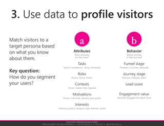 HOW DOES PERSONALIZATION WORK?
PERSONALIZING THE USER EXPERIENCE // AUSTIN GOVELLA // AGUX.CO // @AUSTINGOVELLA
4. Four ways to personalize
touchpoints for next interaction
a. What appears
? 1
2
3
b. How it appears
?
c. Where it appears
1
2
d. When it appears
1 2 3
Key question: If you change when the content or functional-
ity appears, does it improve conversion for this profile?
Key question:
If you change what
content or function-
ality appears, does it
improve conversion
for this profile?
Key question:
If you change how
content or function-
ality appears, does it
improve conversion
for this profile?
Key question:
If you change the
prominence of content
or functionality, does
it improve conversion
for this profile?
 