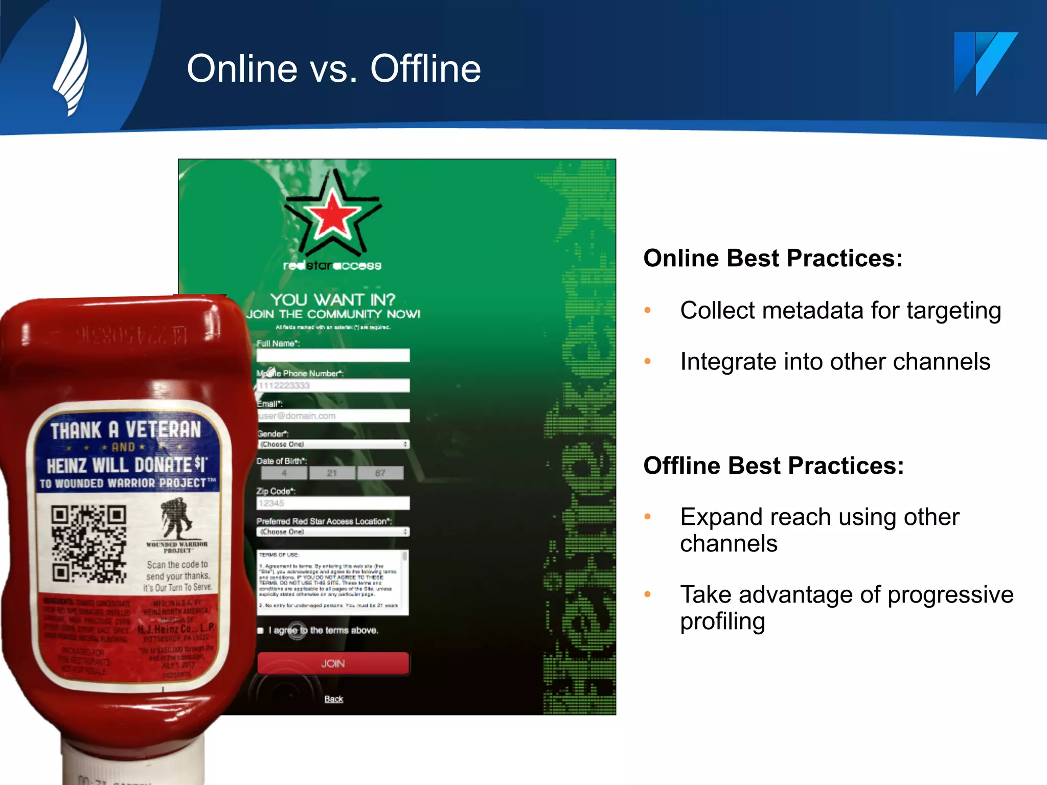 Online vs. Offline
Online Best Practices:
•  Collect metadata for targeting
•  Integrate into other channels
Offline Best Practices:
•  Expand reach using other
channels
•  Take advantage of progressive
profiling
 