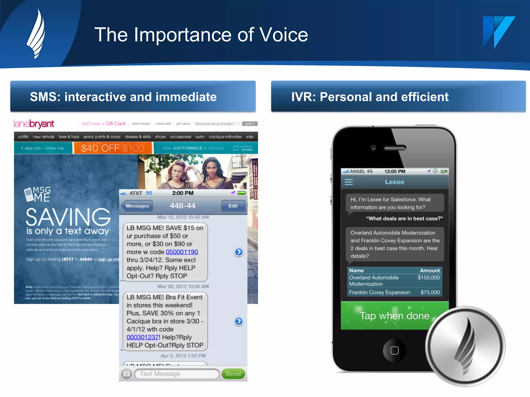 The Importance of Voice
SMS: interactive and immediate IVR: Personal and efficient
 