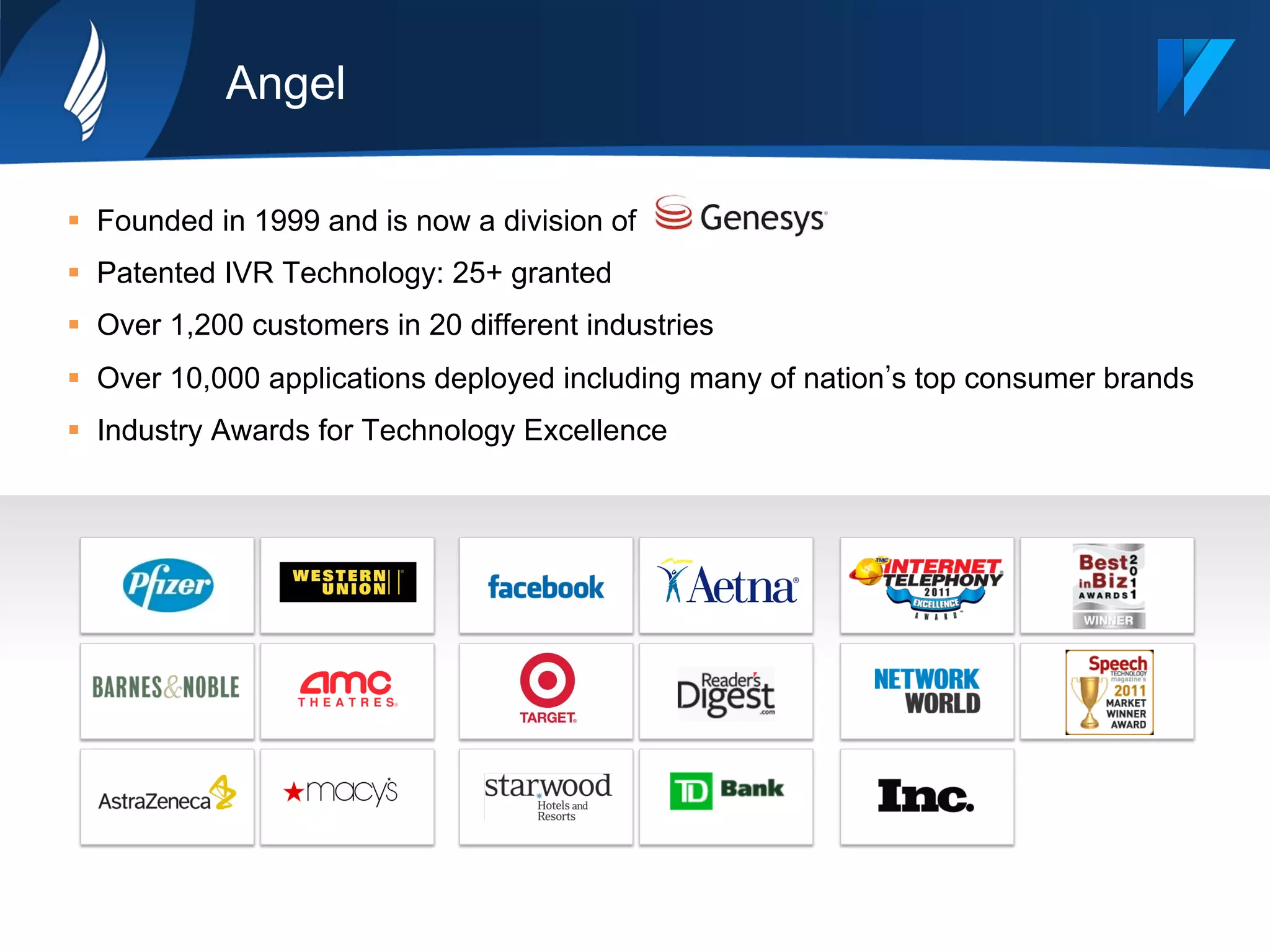 Angel
§  Founded in 1999 and is now a division of
§  Patented IVR Technology: 25+ granted
§  Over 1,200 customers in 20 different industries
§  Over 10,000 applications deployed including many of nation s top consumer brands
§  Industry Awards for Technology Excellence
 
