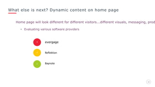 What else is next? Dynamic content on home page
1616
Home page will look different for different visitors...different visuals, messaging, prod
• Evaluating various software providers
evergage
Reflektion
Baynote
 