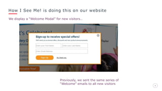 How I See Me! is doing this on our website
99
We display a “Welcome Modal” for new visitors…
Previously, we sent the same series of
“Welcome” emails to all new visitors
 