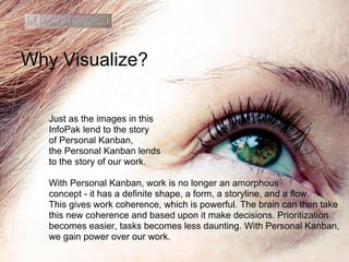 Why Visualize?
Just as the images in this
InfoPak lend to the story
of Personal Kanban,
the Personal Kanban lends
to the story of our work.
With Personal Kanban, work is no longer an amorphous
concept - it has a definite shape, a form, a storyline, and a flow.
This gives work coherence, which is powerful. The brain can then take
this new coherence and based upon it make decisions. Prioritization
becomes easier, tasks becomes less daunting. With Personal Kanban,
we gain power over our work.
 