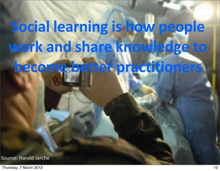 Social	
  learning	
  is	
  how	
  people	
  
    work	
  and	
  share	
  knowledge	
  to	
  
    become	
  better	
  practitioners	
  




Source:	
  Harold	
  Jarche
Thursday, 7 March 2013                              10
 