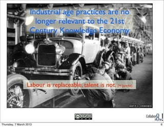 Industrial age practices are no
                      longer relevant to the 21st
                    Century Knowledge Economy




                  Labour is replaceable, talent is not. (H Jarche)




Thursday, 7 March 2013                                               6
 