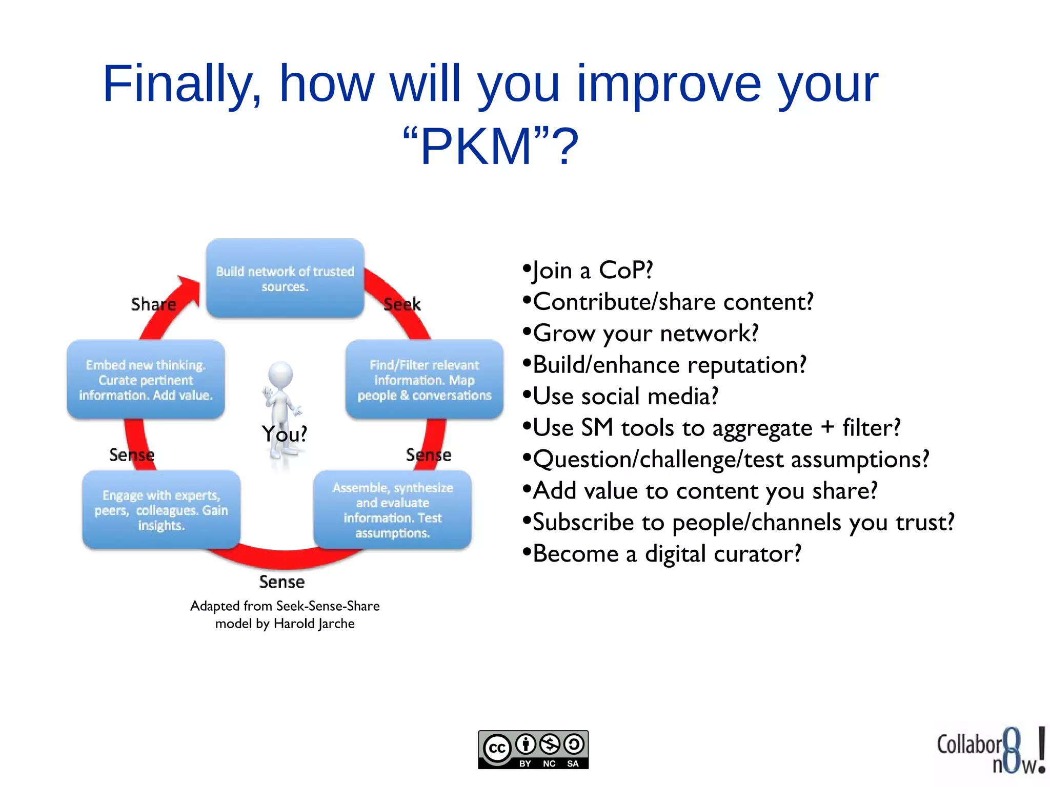 Finally, how will you improve your
             “PKM”?

                                   •Join a CoP?
                                   •Contribute/share content?
                                   •Grow your network?
                                   •Build/enhance reputation?
                                   •Use social media?
             You?                  •Use SM tools to aggregate + filter?
                                   •Question/challenge/test assumptions?
                                   •Add value to content you share?
                                   •Subscribe to people/channels you trust?
                                   •Become a digital curator?
   Adapted from Seek-Sense-Share
      model by Harold Jarche
 