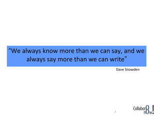 “We always know more than we can say, and we
      always say more than we can write”
                                      Dave Snowden




                                  2
 