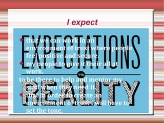 I expect
 that we can work in an
environment of trust where people
feel positive and secure.
 my people to give it their all at
work.
to be there to help and mentor my
staff when they need it.
 that in order to create an
environment of trust I will have to
set the tone.
 