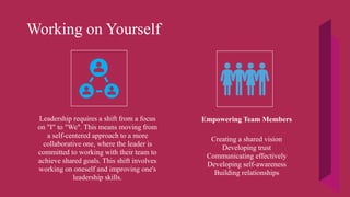 Working on Yourself
Leadership requires a shift from a focus
on "I" to "We". This means moving from
a self-centered approach to a more
collaborative one, where the leader is
committed to working with their team to
achieve shared goals. This shift involves
working on oneself and improving one's
leadership skills.
Empowering Team Members
Creating a shared vision
Developing trust
Communicating effectively
Developing self-awareness
Building relationships
 
