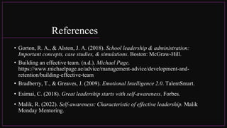 References
• Gorton, R. A., & Alston, J. A. (2018). School leadership & administration:
Important concepts, case studies, & simulations. Boston: McGraw-Hill.
• Building an effective team. (n.d.). Michael Page.
https://www.michaelpage.ae/advice/management-advice/development-and-
retention/building-effective-team
• Bradberry, T., & Greaves, J. (2009). Emotional Intelligence 2.0. TalentSmart.
• Esimai, C. (2018). Great leadership starts with self-awareness. Forbes.
• Malik, R. (2022). Self-awareness: Characteristic of effective leadership. Malik
Monday Mentoring.
 