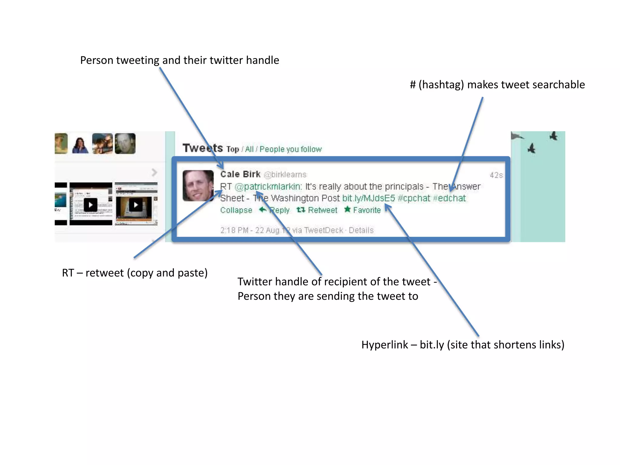 Person tweeting and their twitter handle

                                                                      # (hashtag) makes tweet searchable




RT – retweet (copy and paste)
                                  Twitter handle of recipient of the tweet -
                                  Person they are sending the tweet to



                                                            Hyperlink – bit.ly (site that shortens links)
 