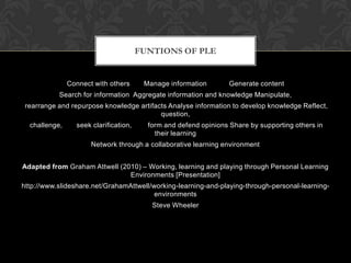 Connect with others Manage information Generate content
Search for information Aggregate information and knowledge Manipulate,
rearrange and repurpose knowledge artifacts Analyse information to develop knowledge Reflect,
question,
challenge, seek clarification, form and defend opinions Share by supporting others in
their learning
Network through a collaborative learning environment
Adapted from Graham Attwell (2010) – Working, learning and playing through Personal Learning
Environments [Presentation]
http://www.slideshare.net/GrahamAttwell/working-learning-and-playing-through-personal-learning-
environments
Steve Wheeler
FUNTIONS OF PLE
 
