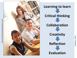 http://socialenterpriseambassadors.org.uk
Learning to learn
Critical thinking
Collaboration
Creativity
Reflection
Evaluation
(Wheeler,2011)
 