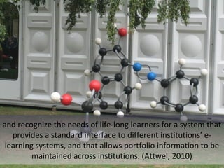 and recognize the needs of life-long learners for a system that
provides a standard interface to different institutions’ e-
learning systems, and that allows portfolio information to be
maintained across institutions. (Attwel, 2010)
 