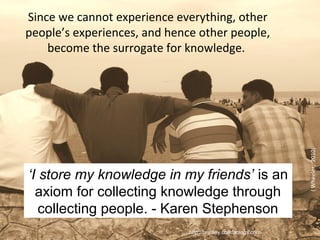 Since we cannot experience everything, other
people’s experiences, and hence other people,
become the surrogate for knowledge.
http://bradley.chattablogs.com
‘I store my knowledge in my friends’ is an
axiom for collecting knowledge through
collecting people. - Karen Stephenson
(Wheeler,2010)
 