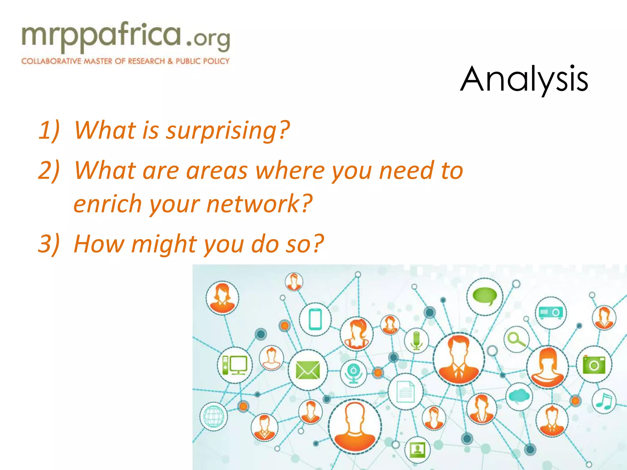 Analysis
1) What is surprising?
2) What are areas where you need to
enrich your network?
3) How might you do so?
 
