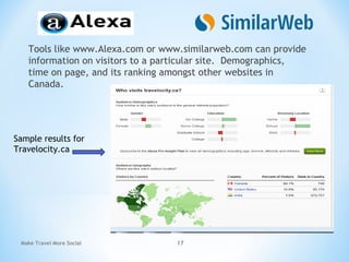 Tools like www.Alexa.com or www.similarweb.com can provide
information on visitors to a particular site. Demographics,
time on page, and its ranking amongst other websites in
Canada.
Make Travel More Social 17
Sample results for
Travelocity.ca
 