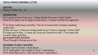 USEFUL PHRASES [INFORMAL LETTER]
GREETING
Dear / Hello / Hi ...(,)
INTRODUCTION
It’s great to hear from you. / Many thanks for your e-mail / letter.
Sorry it's taken me so long to write back. / I haven't written for ages but
...
I’ve been really busy recently. / You’ve to know that I’ve been working
really hard.
How are you? / How are things (with you)? / How's it going? / How’s life?
I hope you’re fine. / I hope you and your family are well. / I do hope this
e-mail / letter will find
you in good health and spirits.
Just thought I’d drop you a line.
REFERRING TO GOOD / BAD NEWS
Glad / sorry to hear / read about ...
I'm really glad / very happy to hear / read about ...
I'm extremely sorry / very sad to hear / read about ...
10
10
 