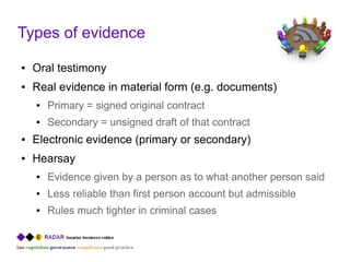 Types of evidence
●   Oral testimony
●   Real evidence in material form (e.g. documents)
    ●   Primary = signed original contract
    ●   Secondary = unsigned draft of that contract
●   Electronic evidence (primary or secondary)
●   Hearsay
    ●   Evidence given by a person as to what another person said
    ●   Less reliable than first person account but admissible
    ●   Rules much tighter in criminal cases
 