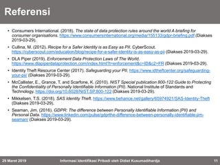 Referensi
• Consumers International. (2018). The state of data protection rules around the world A briefing for
consumer organisations. https://www.consumersinternational.org/media/155133/gdpr-briefing.pdf (Diakses
2019-03-29).
• Cullina, M. (2012). Recipe for a Safer Identity is as Easy as PII. CyberScout.
https://cyberscout.com/education/blog/recipe-for-a-safer-identity-is-as-easy-as-pii (Diakses 2019-03-29).
• DLA Piper (2019). Enforcement Data Protection Laws of The World.
https://www.dlapiperdataprotection.com/index.html?t=enforcement&c=ID&c2=FR (Diakses 2019-03-29).
• Identity Theft Resource Center (2017). Safeguarding your PII. https://www.idtheftcenter.org/safeguarding-
your-pii/ (Diakses 2019-03-29).
• McCallister, E., Grance, T. and Scarfone, K. (2010). NIST Special publication 800-122 Guide to Protecting
the Confidentiality of Personally Identifiable Information (PII). National Institute of Standards and
Technology. https://doi.org/10.6028/NIST.SP.800-122 (Diakses 2019-03-29).
• Mikkelsen, T.S. (2018). SAS Identity Theft. https://www.behance.net/gallery/65974921/SAS-Identity-Theft
(Diakses 2019-03-29).
• Seaman, Jim. (2016). GDPR: The difference between Personally Identifiable Information (PII) and
Personal Data. https://www.linkedin.com/pulse/gdprthe-difference-between-personally-identifiable-jim-
seaman/ (Diakses 2019-03-29).
Informasi Identifikasi Pribadi oleh Didiet Kusumadihardja 1129 Maret 2019
 