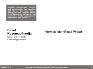 Diijinkan menggunakan sebagian
atau seluruh materi pada modul ini,
baik berupa ide, foto, tulisan,
konfigurasi dan diagram selama
untuk kepentingan pengajaran, dan
memberikan kredit kepada penulis
serta link ke www.arch.web.id
Informasi Identifikasi Pribadi
Didiet
Kusumadihardja
Mobile: +62 813 1115 0054
e-mail: didiet@arch.web.id
29 Maret 2019 Informasi Identifikasi Pribadi oleh Didiet Kusumadihardja 12
 