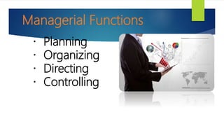 Planning
Organizing
Directing
Controlling
Managerial Functions
 