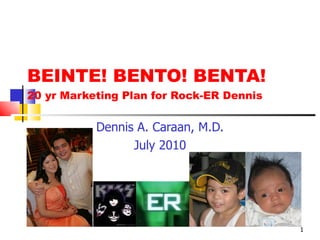 BEINTE! BENTO! BENTA! 20 yr Marketing Plan for Rock-ER Dennis Dennis A. Caraan, M.D. July 2010 