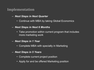Implementation
  – Next Steps in Next Quarter
     • Continue with MBA by taking Global Economics

  – Next Steps in Next 6 Months
     • Take promotion within current program that includes
       more marketing work

  – Next Steps in 1 Year
     • Complete MBA with specialty in Marketing

  – Next Steps in 5 Years
     • Complete current project position
     • Apply for and be offered Marketing position
 