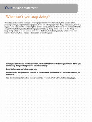 What can’t you stop doing?
Think back to the talents exercise – your high points may reveal an activity that you are often
pursuing when you experience a high point. If you ask other people how they perceive you, they may
say you have a passion for something that is more obvious to them than it is to you. Ask your friends
and/or family to tell you about the things you cannot stop doing. Make a list of all the things you
keep doing, whether or not anyone pays you to do them. Include any activity, whether you have
labelled it as work, fun, a hobby, a distraction, or anything else.
When you look at what you have written, what are the themes that emerge? What is it that you
cannot stop doing? What gives you boundless energy?
Describe how you work, in a paragraph.
Now distil this paragraph into a phrase or sentence that you can use as a mission statement, in
draft form.
Test this mission statement on people who know you well. Work with it. Refine it as you go.
Your mission statement
 