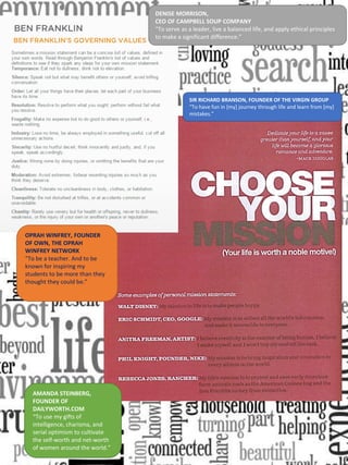 DENISE MORRISON,
CEO OF CAMPBELL SOUP COMPANY
“To serve as a leader, live a balanced life, and apply ethical principles
to make a significant difference.”
OPRAH WINFREY, FOUNDER
OF OWN, THE OPRAH
WINFREY NETWORK
“To be a teacher. And to be
known for inspiring my
students to be more than they
thought they could be.”
SIR RICHARD BRANSON, FOUNDER OF THE VIRGIN GROUP
“To have fun in [my] journey through life and learn from [my]
mistakes.”
AMANDA STEINBERG,
FOUNDER OF
DAILYWORTH.COM
“To use my gifts of
intelligence, charisma, and
serial optimism to cultivate
the self-worth and net-worth
of women around the world.”
 