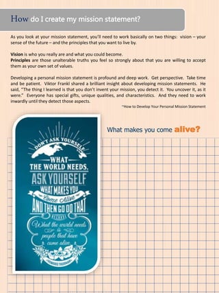How do I create my mission statement?
As you look at your mission statement, you’ll need to work basically on two things: vision – your
sense of the future – and the principles that you want to live by.
Vision is who you really are and what you could become.
Principles are those unalterable truths you feel so strongly about that you are willing to accept
them as your own set of values.
Developing a personal mission statement is profound and deep work. Get perspective. Take time
and be patient. Viktor Frankl shared a brilliant insight about developing mission statements. He
said, “The thing I learned is that you don’t invent your mission, you detect it. You uncover it, as it
were.” Everyone has special gifts, unique qualities, and characteristics. And they need to work
inwardly until they detect those aspects.
~How to Develop Your Personal Mission Statement
What makes you come alive?
 