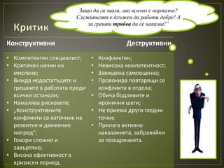 Защо да ги хваля, ако всичко е нормално?
                       Служителят е длъжен да работи добре! А
                           за грешки трябва да се наказва!“


Конструктивни                             Деструктивни
• Компетентен специалист;     • Конфликтен;
• Критичен начин на           • Невисока компетентност;
  мислене;                    • Завишена самооценка;
• Вижда недостатъците и       • Провокира повтарящи се
  грешките в работата преди     конфликти в отдела;
  всички останали;            • Обича бодливите и
• Намалява рисковете;           иронични шеги;
• „Конструктивните            • Не приема други гледни
  конфликти са източник на      точки;
  развитие и движение         • Прилага активно
  напред“;                      наказанията, забравяйки
• Говори сложно и               за поощренията.
  завъртяно;
• Висока ефективност в
  кризисен период.
 