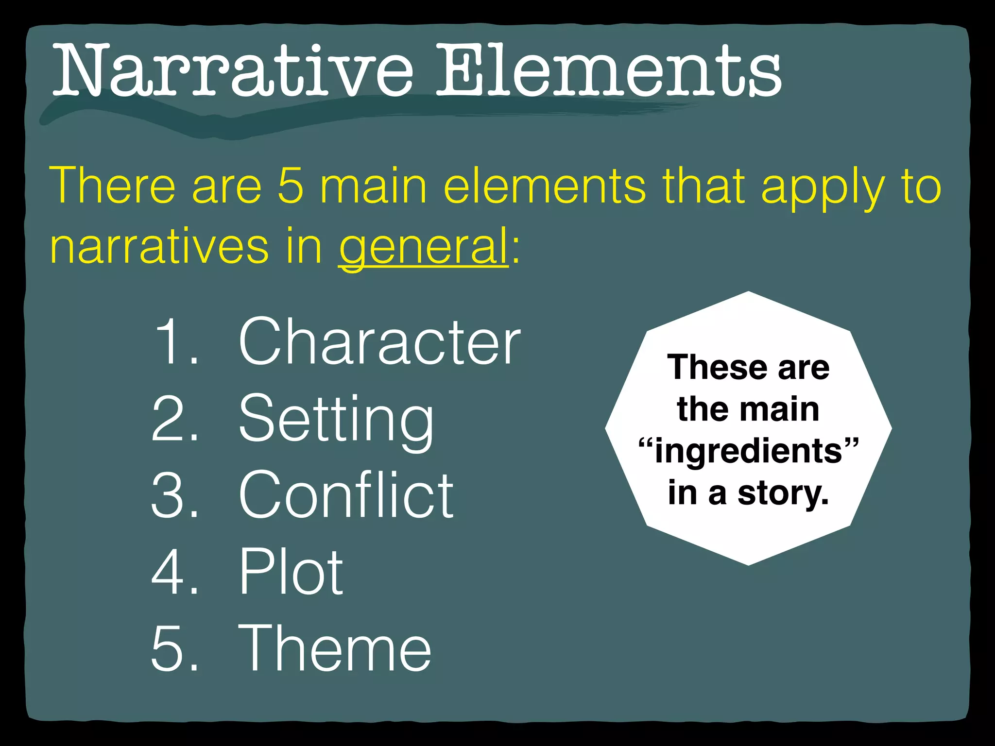 Narrative Elements
There are 5 main elements that apply to
narratives in general:
1. Character
2. Setting
3. Conﬂict
4. Plot
5. Theme
These are
the main
“ingredients”
in a story.
 