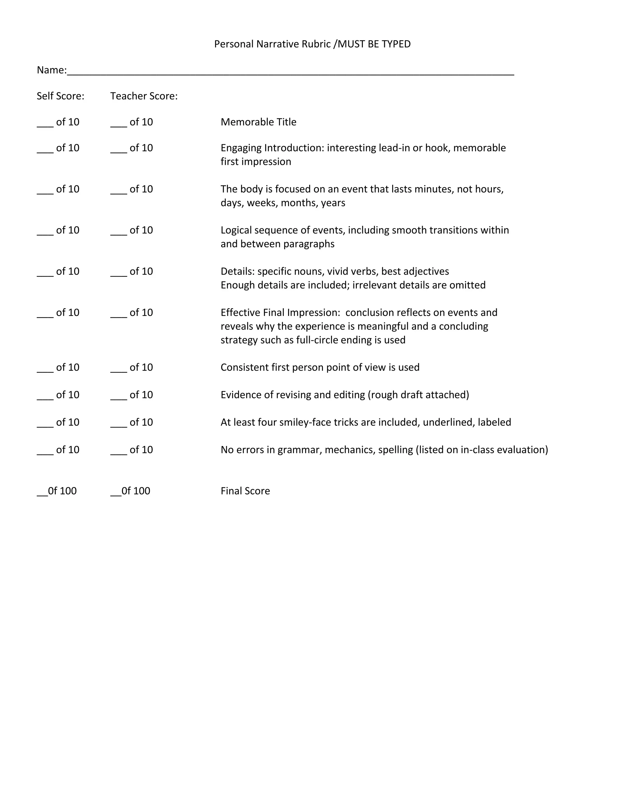 Personal Narrative Rubric 2 PDF Personal narrative rubric 2 pdf
