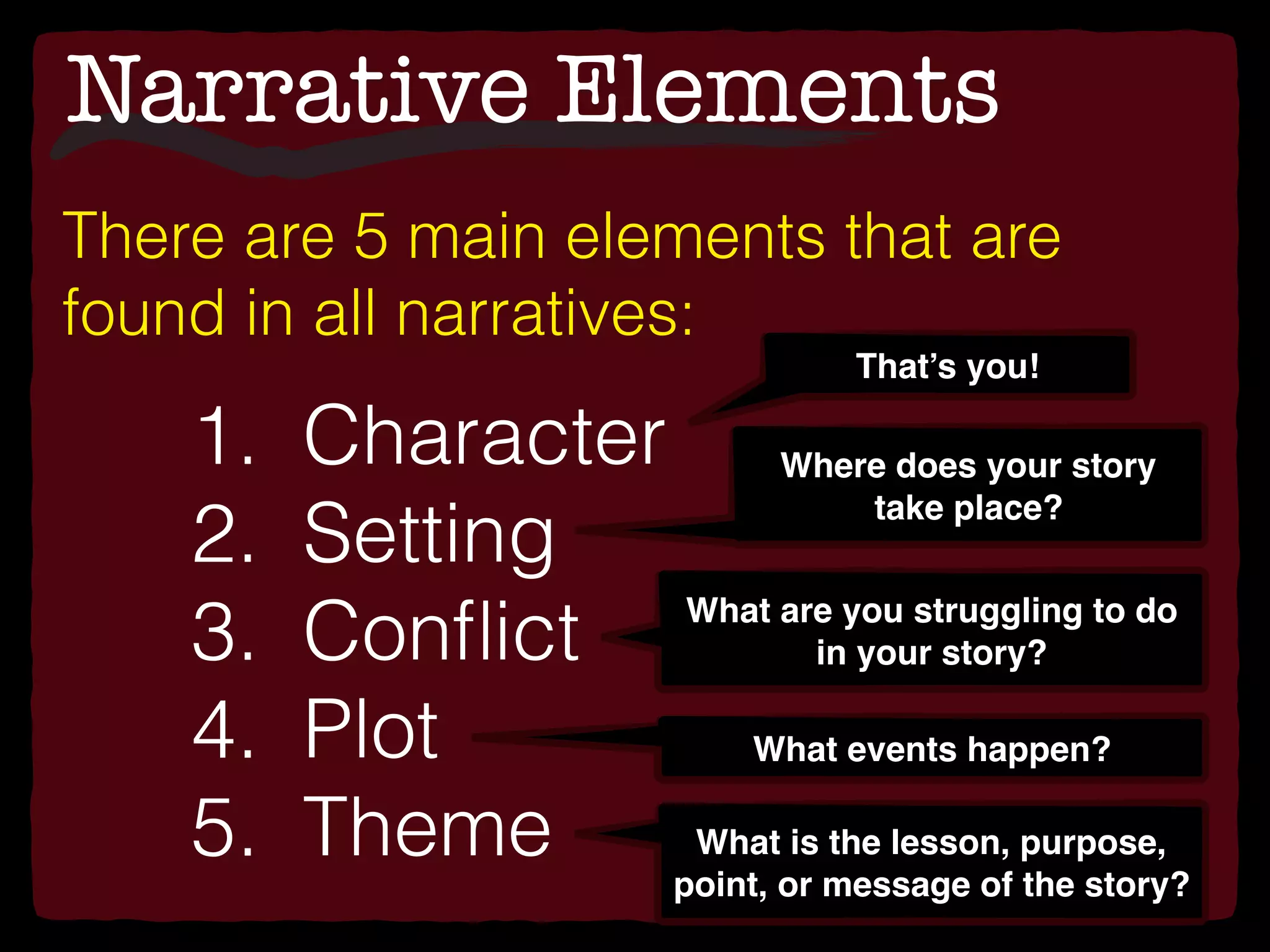 Narrative Elements
There are 5 main elements that are
found in all narratives:
1. Character
2. Setting
3. Conﬂict
4. Plot
5. Theme
Where does your story
take place?
What are you struggling to do
in your story?
What events happen?
That’s you!
What is the lesson, purpose,
point, or message of the story?
 