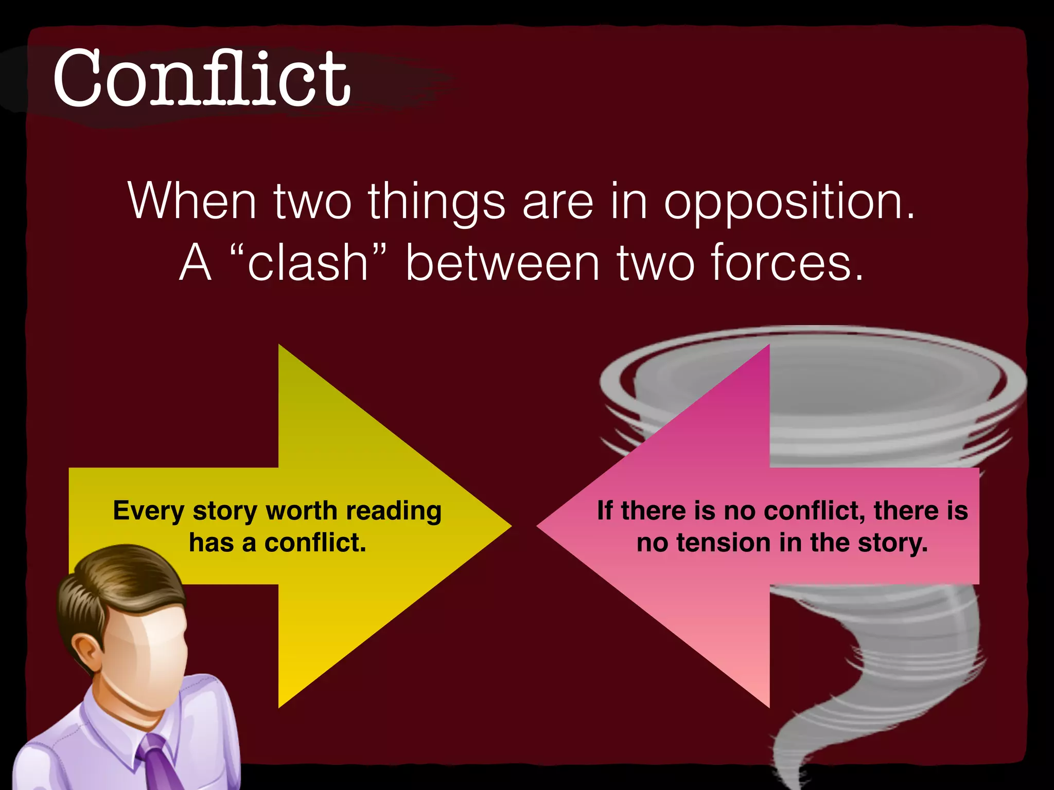 When two things are in opposition.
A “clash” between two forces.
Every story worth reading
has a conﬂict.
If there is no conﬂict, there is
no tension in the story.
Conﬂict
 