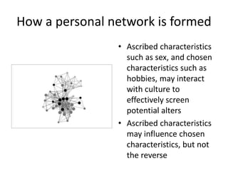 How a personal network is formed
• Ascribed characteristics
such as sex, and chosen
characteristics such as
hobbies, may interact
with culture to
effectively screen
potential alters
• Ascribed characteristics
may influence chosen
characteristics, but not
the reverse
 