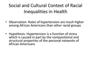Social and Cultural Context of Racial
Inequalities in Health
• Observation: Rates of hypertension are much higher
among African Americans than other racial groups
• Hypothesis: Hypertension is a function of stress
which is caused in part by the compositional and
structural properties of the personal networks of
African Americans
 