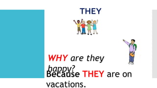 THEY
Because THEY are on
vacations.
WHY are they
happy?
 